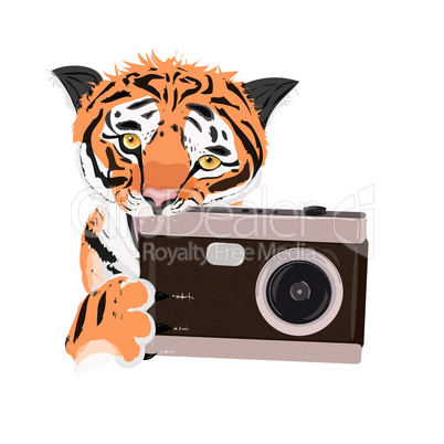 Иллюстрация тигры, кто грызет fotoaparat.