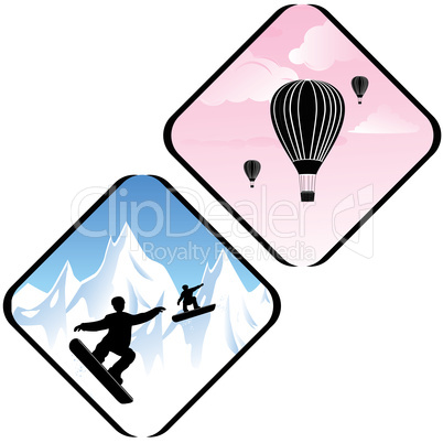 Snowboard Jumping in high mountains and air relax icons