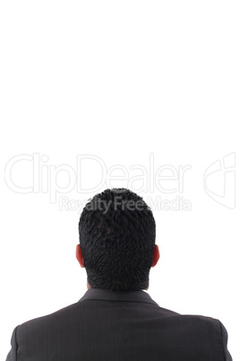 back of pensive businessman looking up isolated on white backgro