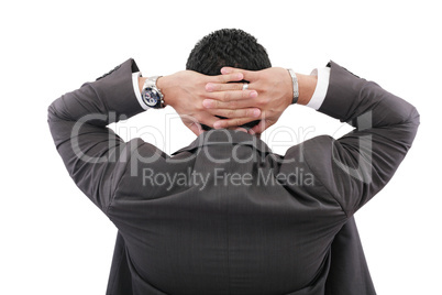 back of businessman holding hands on head on white background
