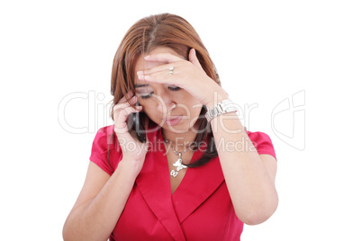 Portrait of concerned woman talking mobile phone