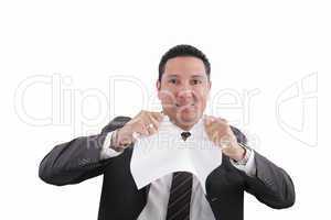 man is tearing a document paper