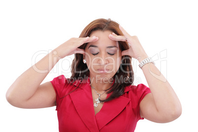 A young woman with a headache holding head, isolated on white ba