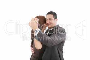 young couple dancing over white background