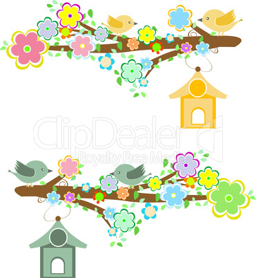 Family of birds sitting on a branch with birdhouses