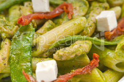 Italian penne pasta with sundried tomato and basil