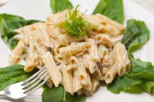 Italian pasta penne gorgonzola and pine nuts