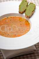 Italian minestrone soup with pesto crostini on side