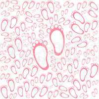 Baby girl arriival card with many foot steps on white background