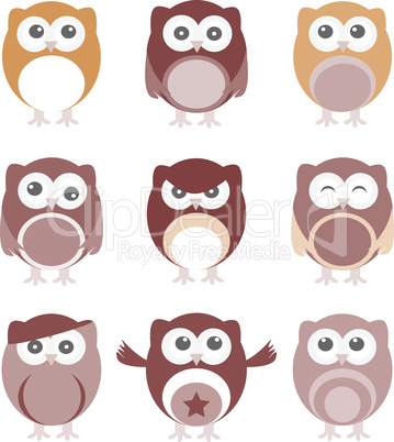 Set of nine cartoon owls with various emotions