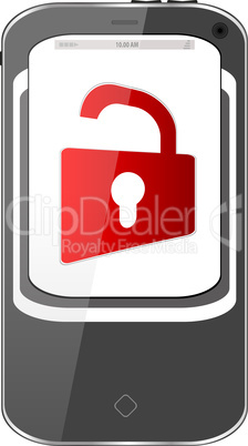 unlocked smartphone with red padlock isolated on white background