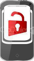 unlocked smartphone with red padlock isolated on white background