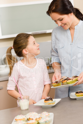 Little girl taste baked cupcakes with mum