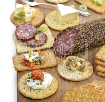 Cracker With Salami ,Cheese And Dips