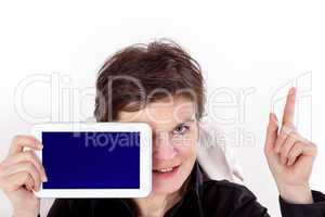 Woman holding tablet and raises a finger