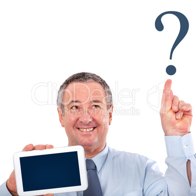 Businessman with tablet PC points the finger