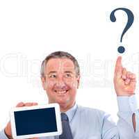 Businessman with tablet PC points the finger