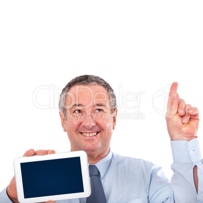 Geschäftsmann hält Tablet PC und hebt den Finger