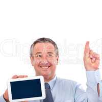 Geschäftsmann hält Tablet PC und hebt den Finger