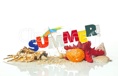 Summer background with shells on sand