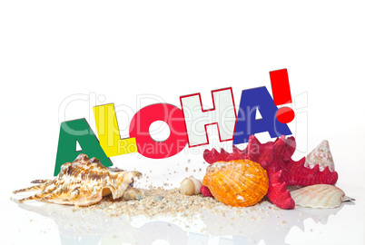 Word "Aloha" with starfish and shells