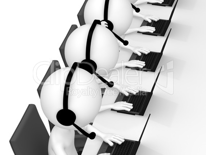 help desk. 3d little human character in a call center. white bac