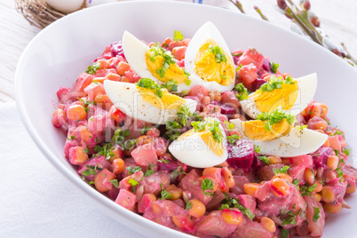 Red beet salad with egg