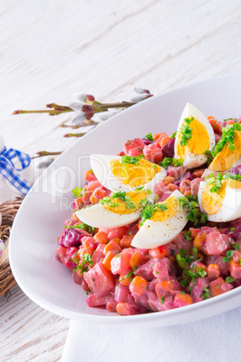 Red beet salad with egg