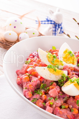 Red beet salad with egg