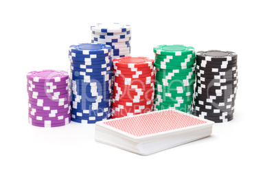 Stacks of Poker Chips with Playing Cards