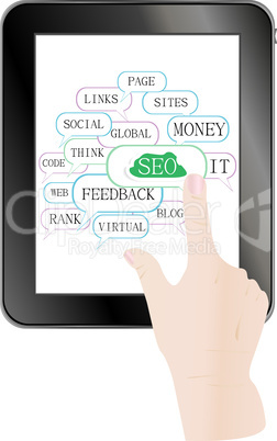 tablet pc with cloud and tags on social engine optimization theme