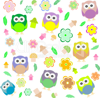 background with spring elements - owls, mushrooms, flowers