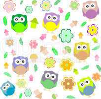 background with spring elements - owls, mushrooms, flowers
