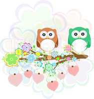 Background with owls, tree branches and flowers