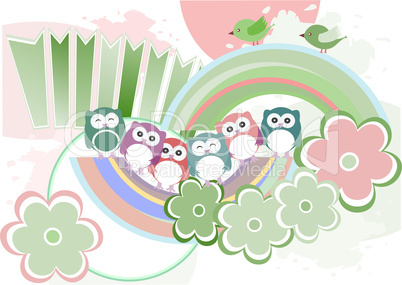 Background with owl, flowers and birds, raster