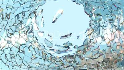 Shattered window glass with slow motion and blue sky. Alpha is included