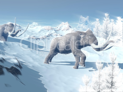 Mammoths walk in the wind - 3D render