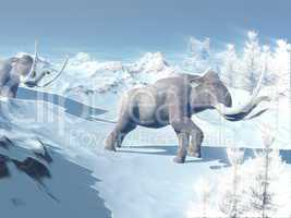 Mammoths walk in the wind - 3D render