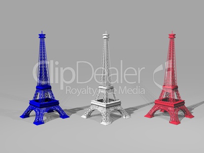 French flag colors on three Eiffel towers - 3D render