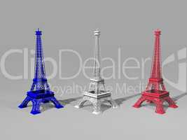 French flag colors on three Eiffel towers - 3D render