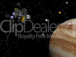 Voyager spacecraft near Jupiter and its satellites - 3D render