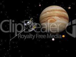 Voyager spacecraft near Jupiter and its satellites - 3D render