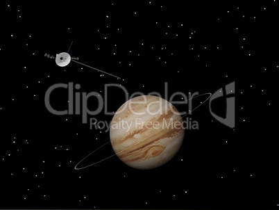 Voyager spacecraft near Jupiter and its unknown ring - 3D render