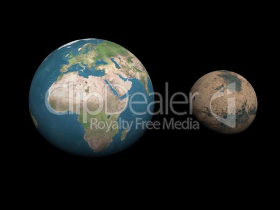 Earth and Mars planets size comparison - 3D render