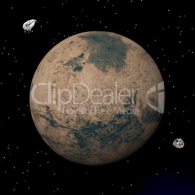 Mars planet and Deimos and Phobos satellites - 3D render