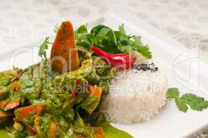 chicken with green curry vegetables and rice