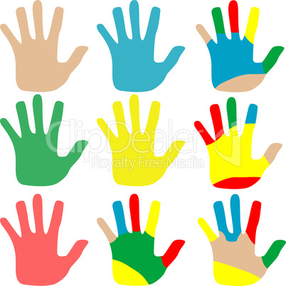 illustration hands multicolored set isolated on white
