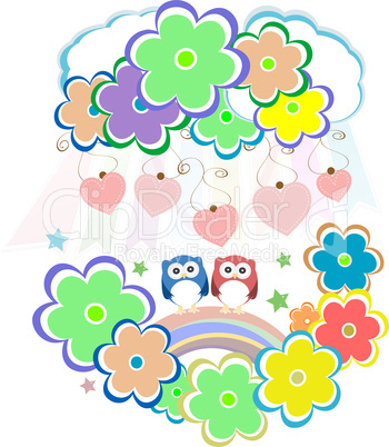 Cute valentine owls, birds, flowers and love hearts