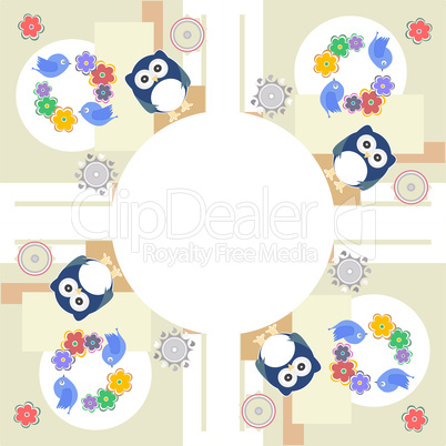 Seamless retro flowers owl bird kids illustration background pattern