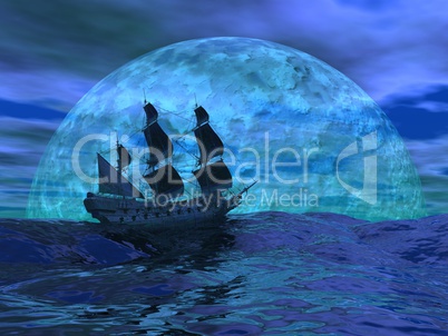 Flying dutchman boat by night - 3D render
